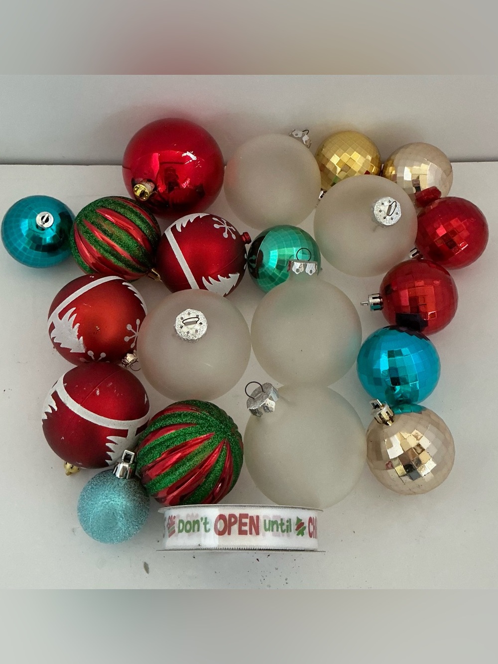 Vintage Christmas Ornament Lot 20 Glass Bulbs Red Green Gold Aqua + Ribbon